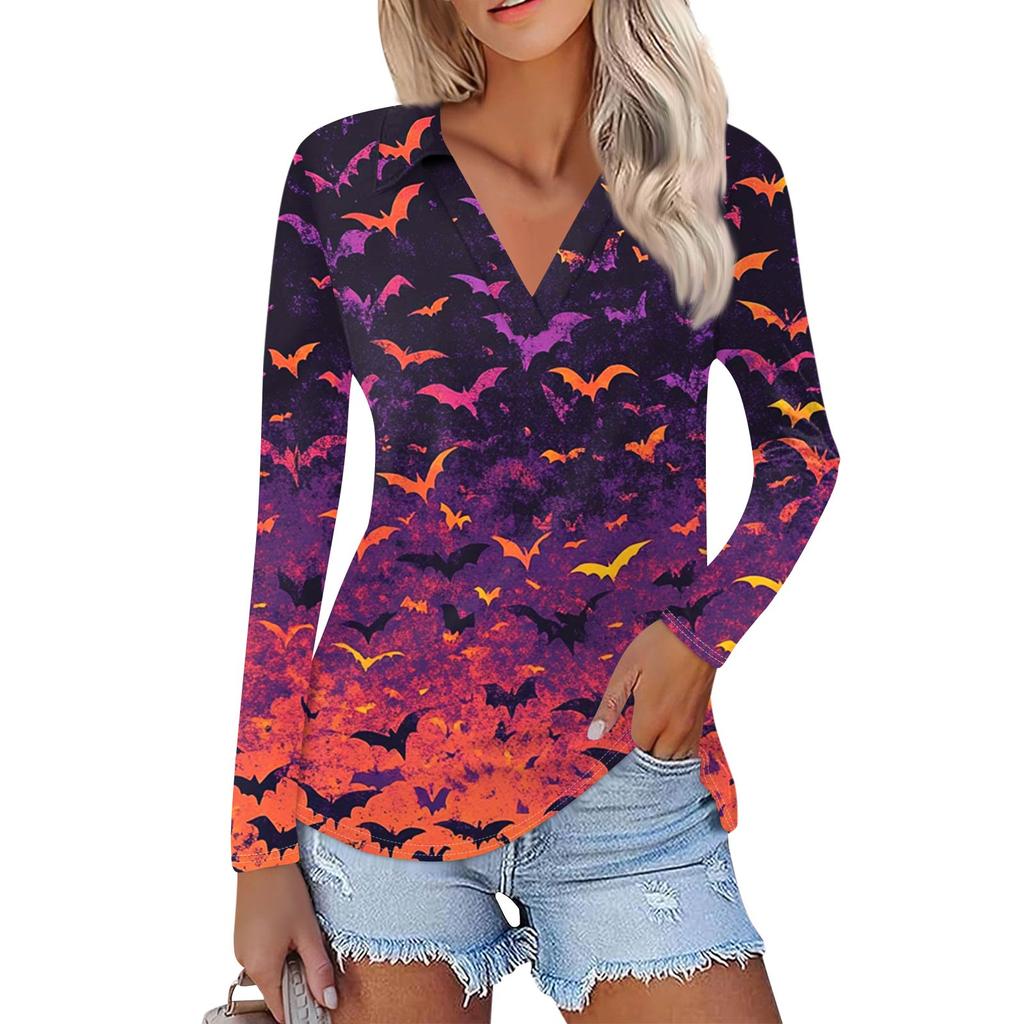 Dámská letní móda ležérní košile s potištěným výstřihem do V s dlouhým rukávem