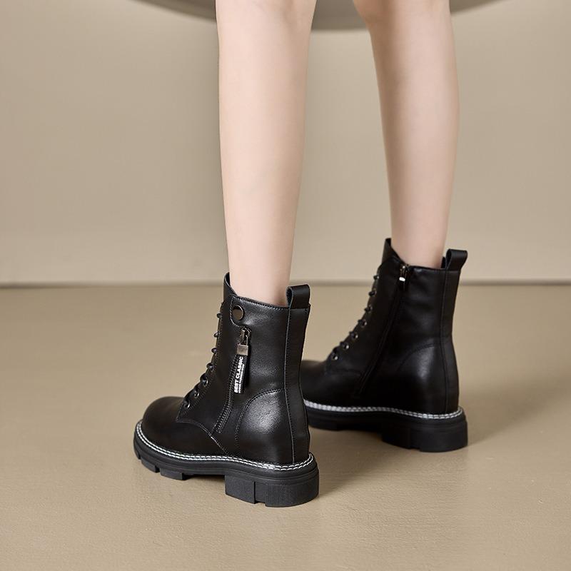 Autumn leather Martin boots women's side zipper women's leather boots thick-soled inner height-increasing casual shoes