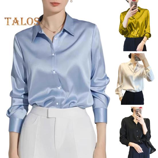 Women Shirt Lapel Long Sleeve Glossy Fabric Formal Shirt Top Buttons Closure Solid Color Smooth Business Date Shirt