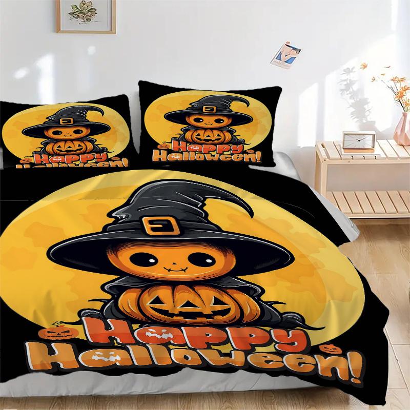 3pcs Happy Halloween With Cute Pumpkin Printed Quilt Set - Soft and Comfortable Quilt Cover for Bedroom, Guest Room and Dormitory Decorative Bedd