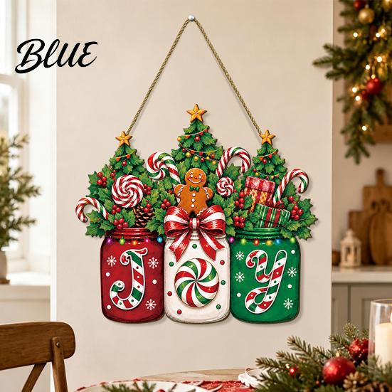 Joy Candy Jar Wall Art Christmas Door Sign, Gingerbread Wooden Hanging Wreath, Mason Decorative Wood Board for Windows Welcome Sign Front Door, Wall,