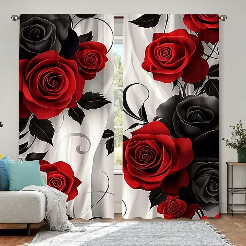 2Pc Red Black Rose Curta 3D Print Light Filtering Drapes Gothic Romantic Home Decor For Bedrooms And  Living Rooms