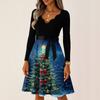 Women's Casual Fashion V Neck Long Sleeve Christmas Printed Party Vintage Long Dresses