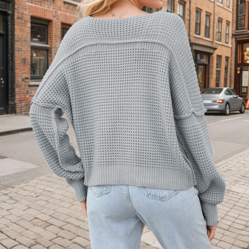 Ladies Autumn Winter Long Sleeve V Neck Solid Color  Pullover Knitted Sweater Knitwear Top