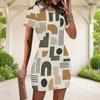 Women Plus Size Round Neck Short Sleeve Patchwork Printed Fitted Mini Dress Black White Grey