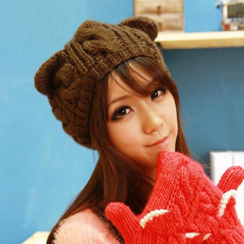 Cat ears women hat solid knitted Winter hats wool beanies caps crochet trendy bonnet cute women's cap gorros mujer invierno