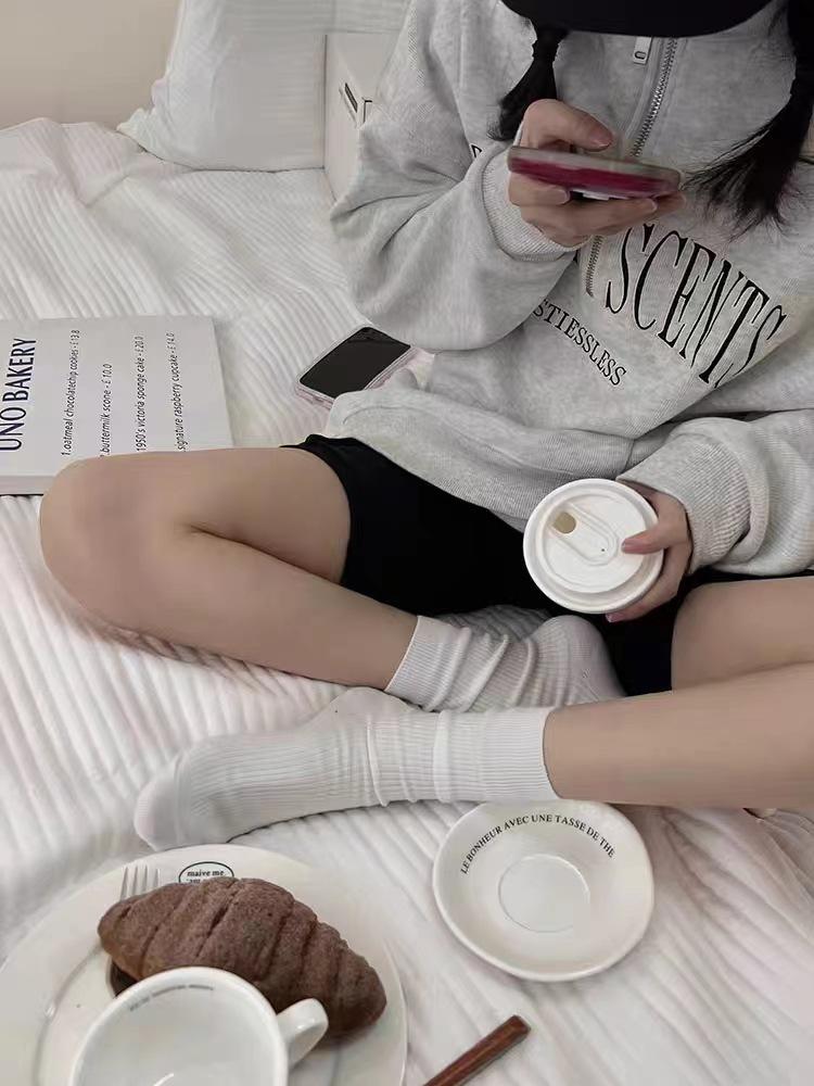 Women's Dark Grey Socks Simple Basic Vertical Stripe Cotton Mid Tube Stacked Socks Thin