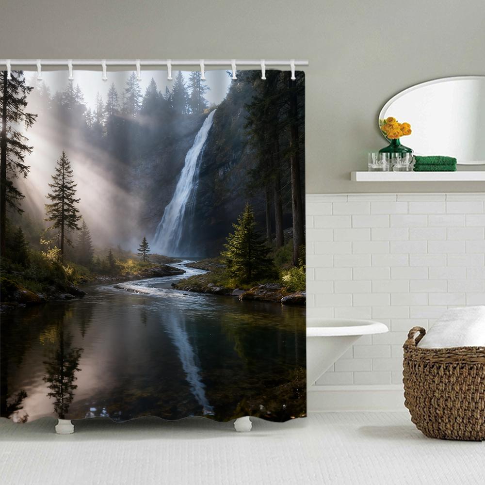 1/4 Forest Waterfalls  Print Shower Curtains, Toilet Seat Decoration, Shower Curtain with Carpet and Toilet Lid, 70.8x70.8 Inch