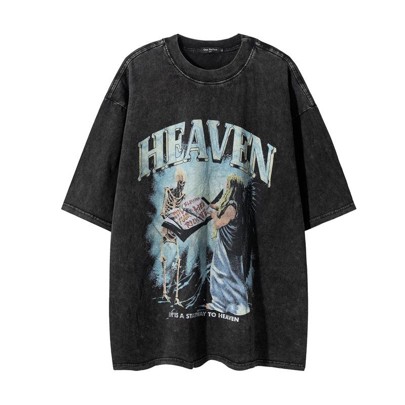 European And American High Street Trendy Brand Skull Print Washing Water Round Neck Tee Shirt Hip Hop Street Retro Short Sleeve T-Shirt Men And Women