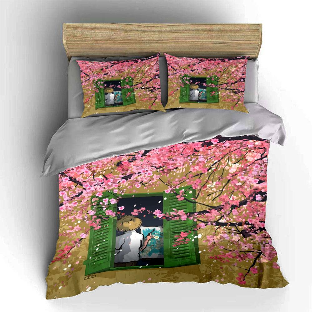 Spring Art Decor Set Bedding Set with 1 Duvet Cover 2 Pillowcases Single Double King Queen, Gift