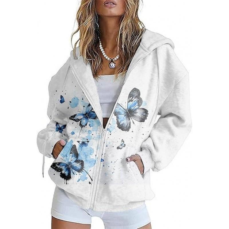 Womens Oversized Hooded Zip-Up Sweatshirt With 3D Printed Winter Casual Loose Fit