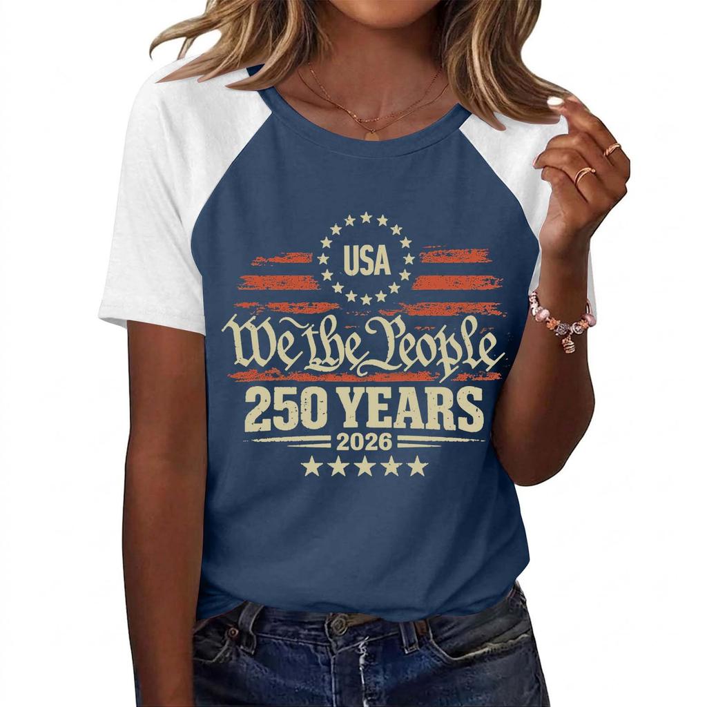 Women Fashion Printed T Shirt USA We The People 250 Years 2026 Graphic Tee Casual Short Sleeve Top Soft Comfortable Fit