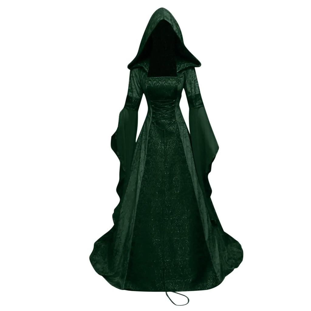 Damen Deluxe Hexenkleid Mittelalter Renaissance Maxi Schleppenkleid Halloween Teufel Heidnische Hexe Hochzeit Cos Kostüm Kapuzengewand Robe