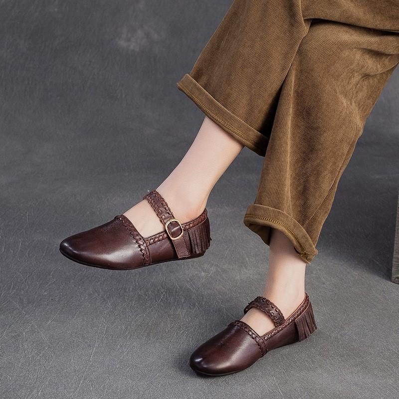 Johnature Genuine Leather Solid Color Belt Buckle Women's Shoes Retro Versatile Tassel Round Toe Soft Sole Flats