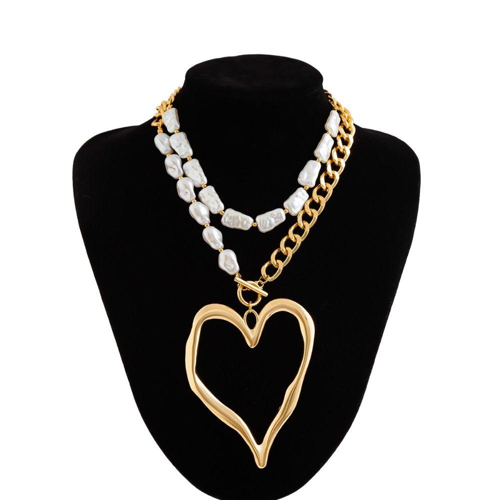 Exaggerated Size Heart Pendant Necklace Big Love Multilayer Pearl Necklace Date Night