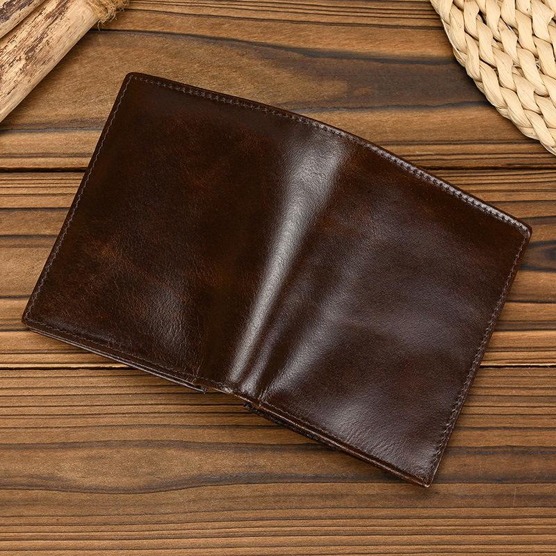 Cartera corta plegable de cuero genuino RFID, para hombres y mujeres, Anti-robo con cepillo, Cartera de cuero de vaca de primera capa, Cartera plegable de cuero aceitoso con múltiples tarjetas.