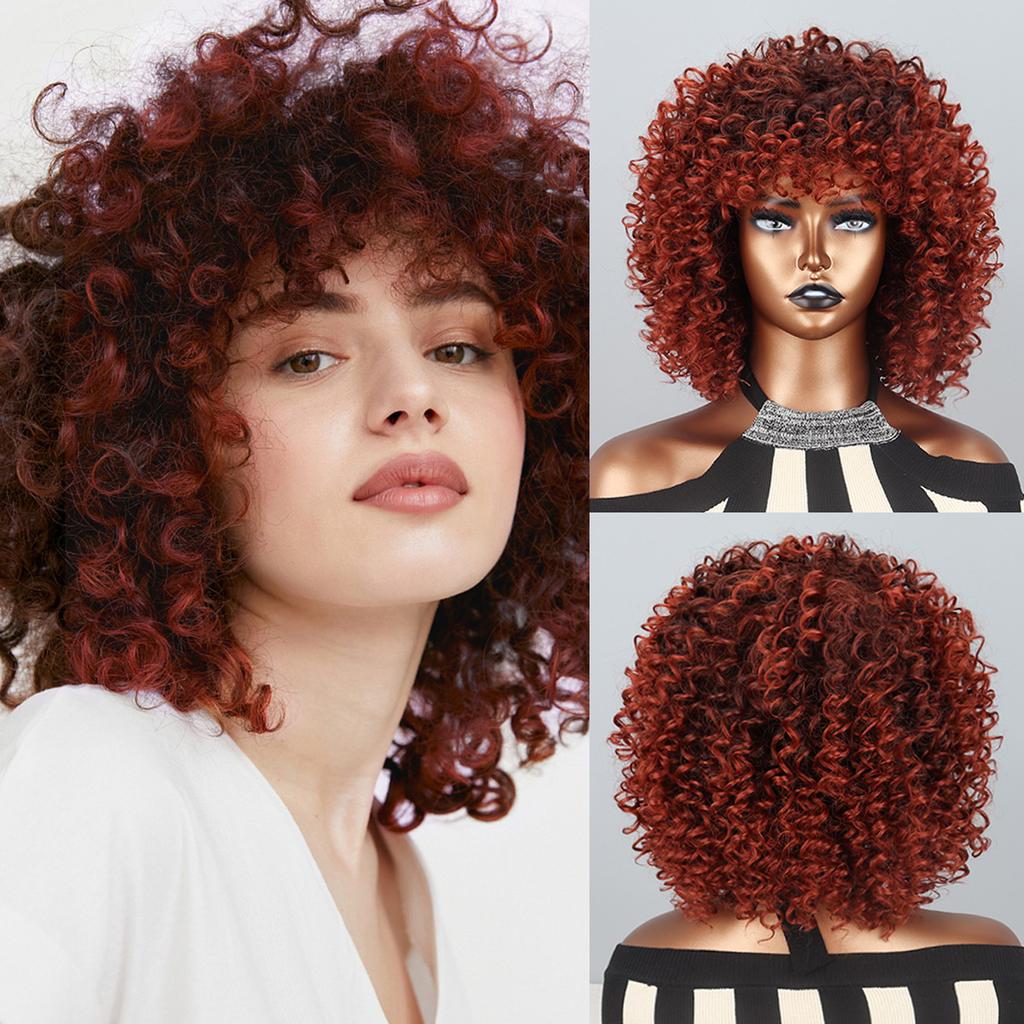 Curly Wigs for Women -Curly Wig with Bangs Natural Black Hair Synthetic Heat Resistant Full Wigs