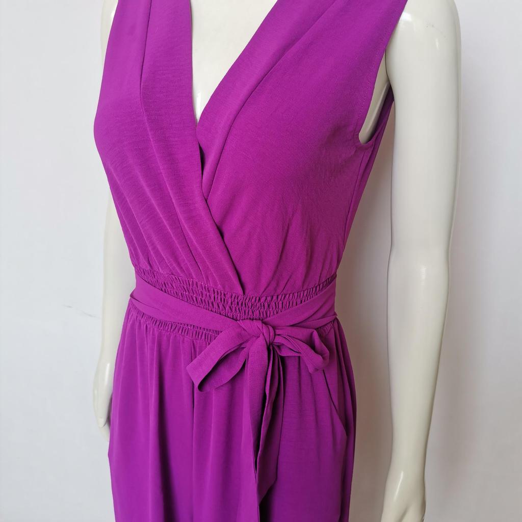 2024 Spring Women's Solid V-Neck Sleeveless Tie-Waist High-Waist Wide-Leg Jumpsuit