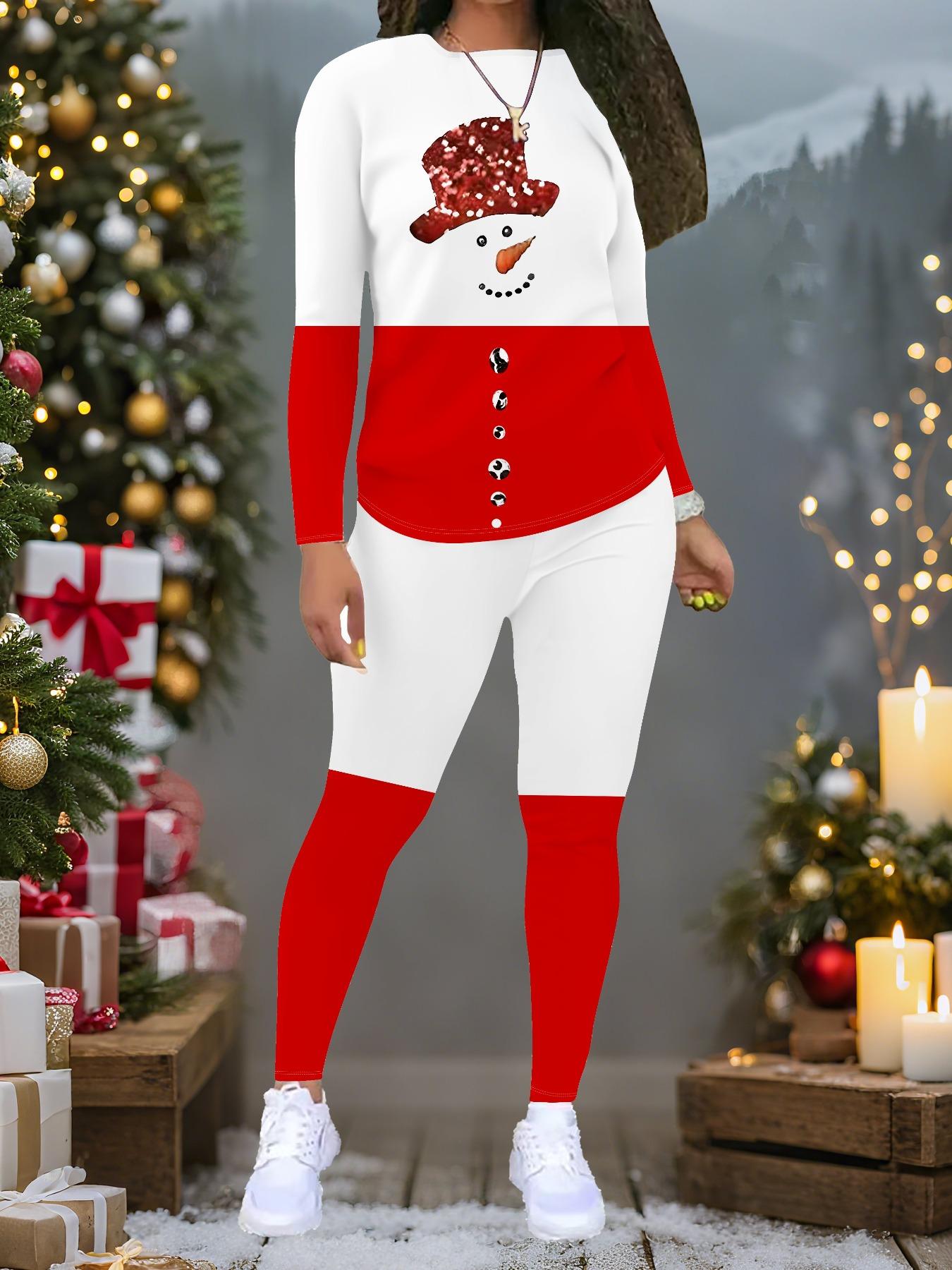 

Женский рождественский костюм-двойка с принтом: Топ с длинным рукавом и круглым вырезом и брюки, праздничный лимитированный повседневный костюм для вечеринки в подарок XXL белый