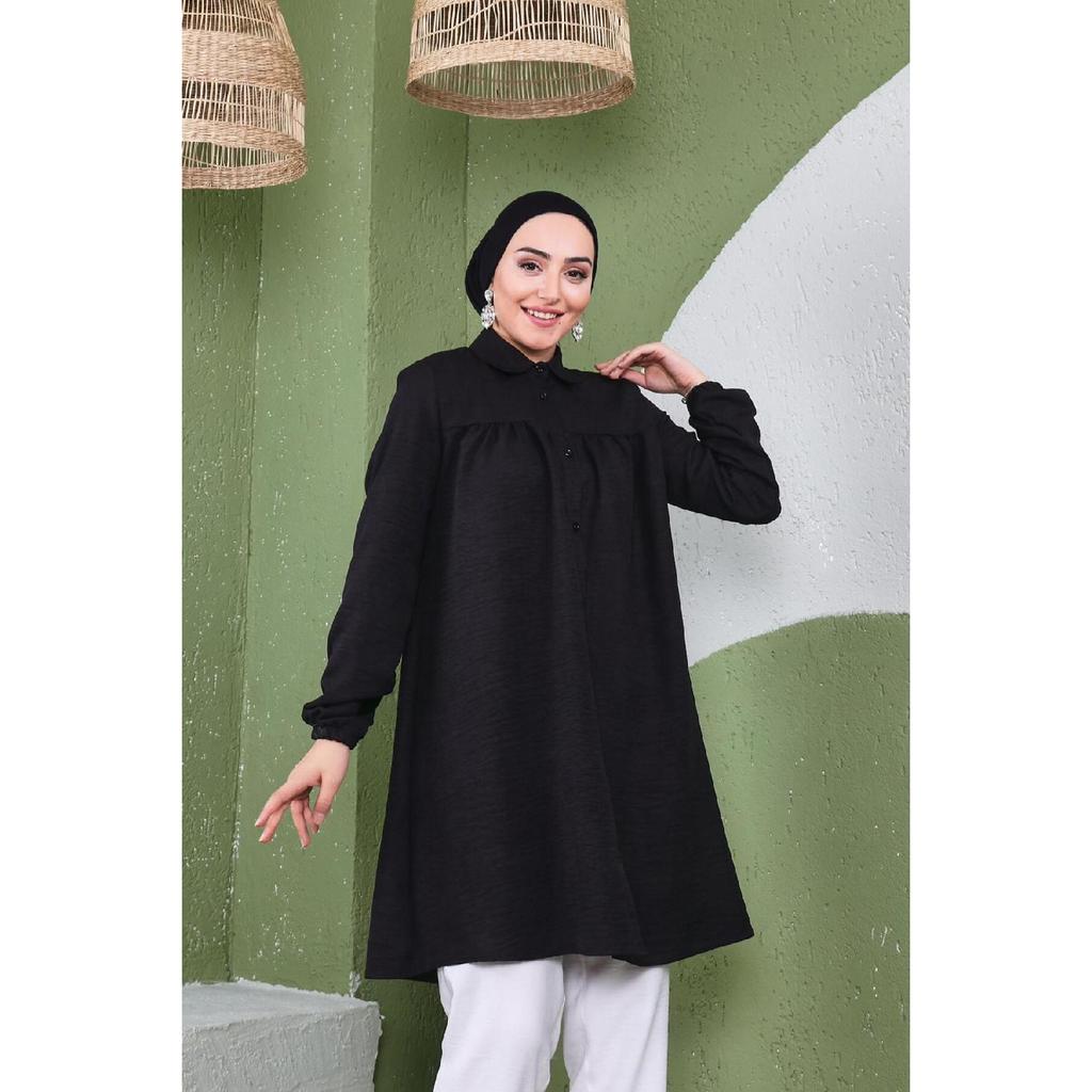 Women's Imported Linen Tunic Shirt With Gathered Front And Elastic Sleeves