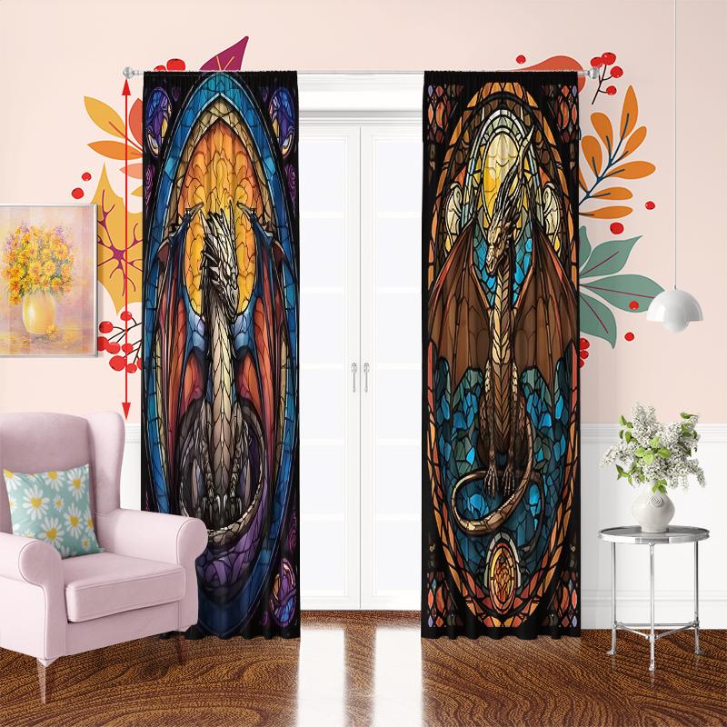 2 Stück - Ölmalerei-Stil Drache Polyester Vorhänge, Stangentaschen-Vorhänge 42*84, Schlafzimmer, Wohnzimmer, Heimzimmerdekoration