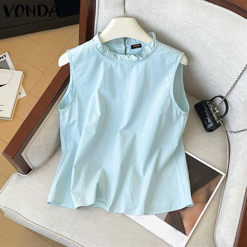 VONDA Women Summer Ruffled Neck Sleeveless Solid Color Casual Tank Tops