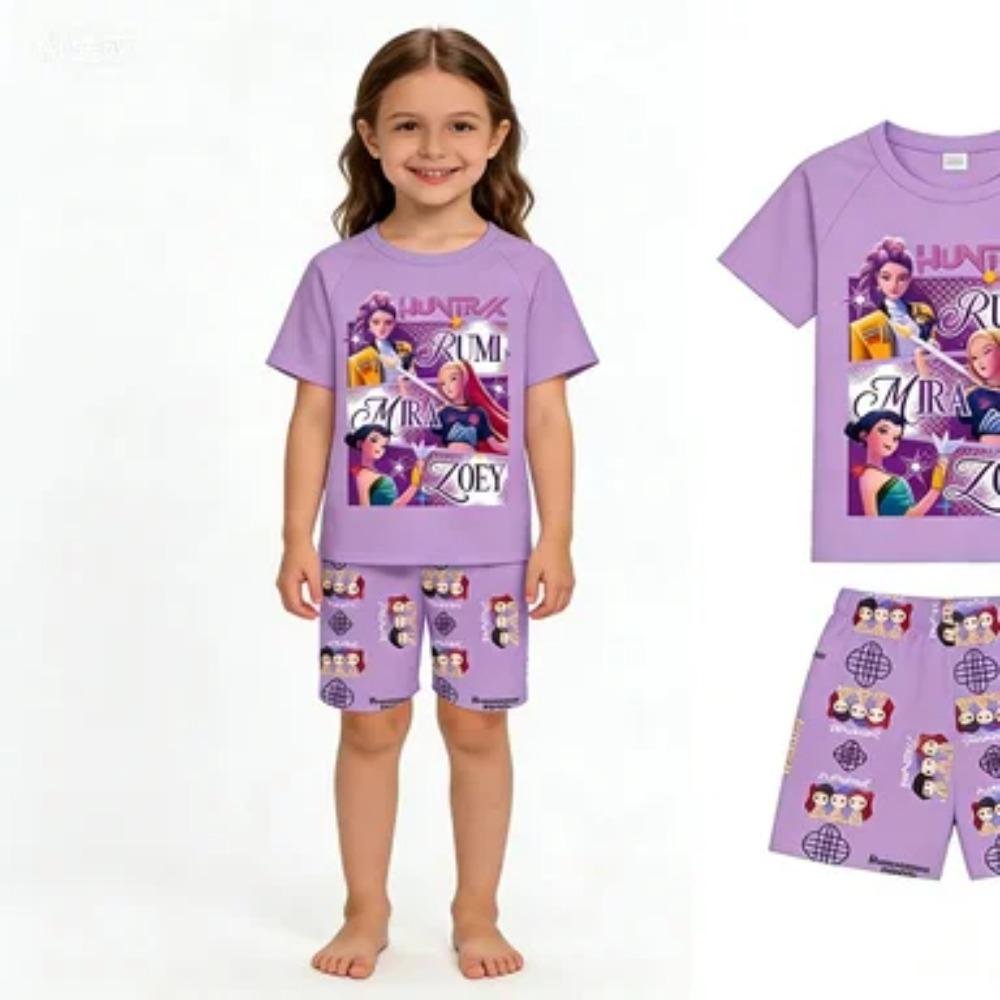 New T-shirt Set for Girls' Summer Clothing with Printed Design, Cartoon Fashion, Comfortable Children's Set