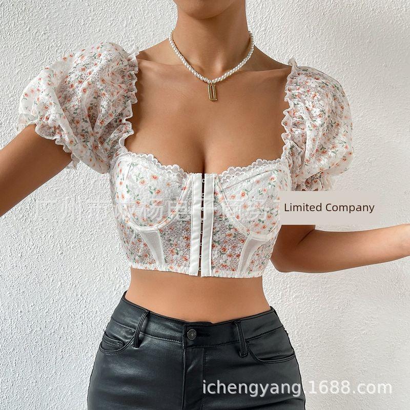 

Printed Front Button Low Neck Short Top Print Front Row Buttons Low Collar Short Top White XS