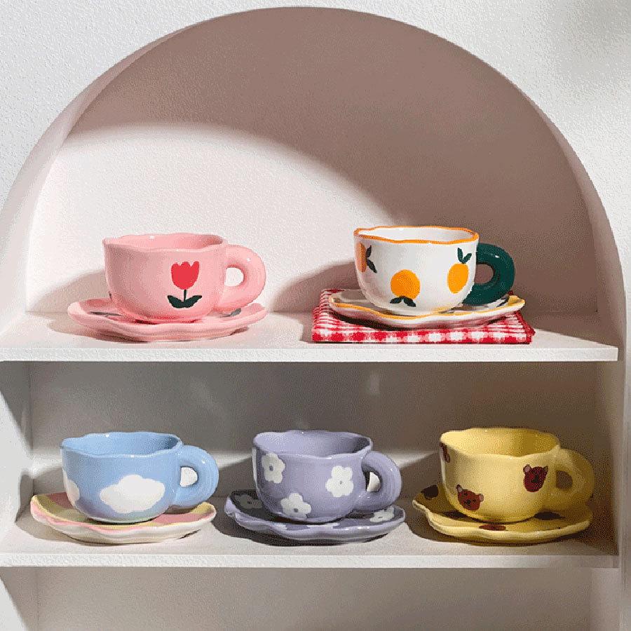 Girl'S Heart Hand-Painted Tulip Orange Bear Flower White Cloud Coffee Cup And Saucer Underglaze Irregular Ceramic Cup And Saucer