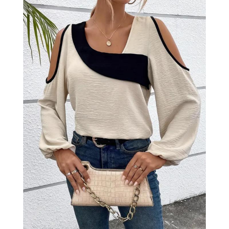 Women's Beige Black Color Block Cold Shoulder Top Spring Summer Long Sleeve Casual Blouse