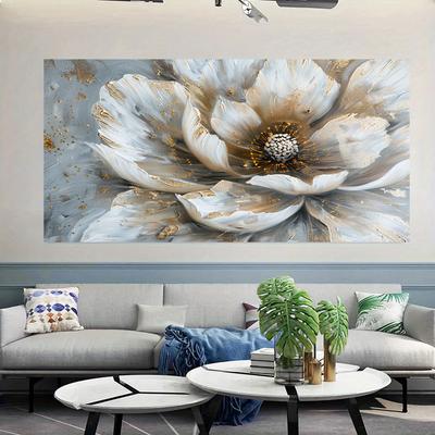 Pintura de flores doradas sobre lienzo, póster, impresiones, arte de pared, pintura floral abstracta blanca, decoración para sala de estar, decoración del hogar