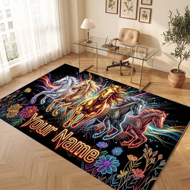 Horse Theme Soft Crystal Velvet Rug Custom Name & Text Print Non Slip Floor Rug for Bedroom Living Room