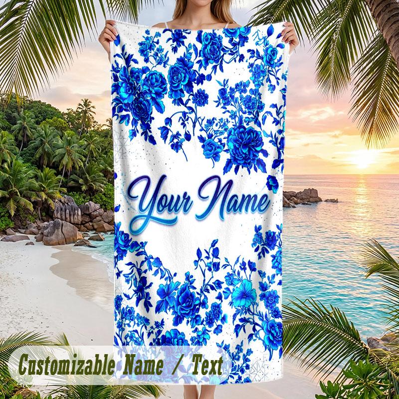 Blue Floral Elegance 1 Theme Quick Dry Beach Towel Custom Name Text Print Large Sand Resistant Towel Beach Vacation