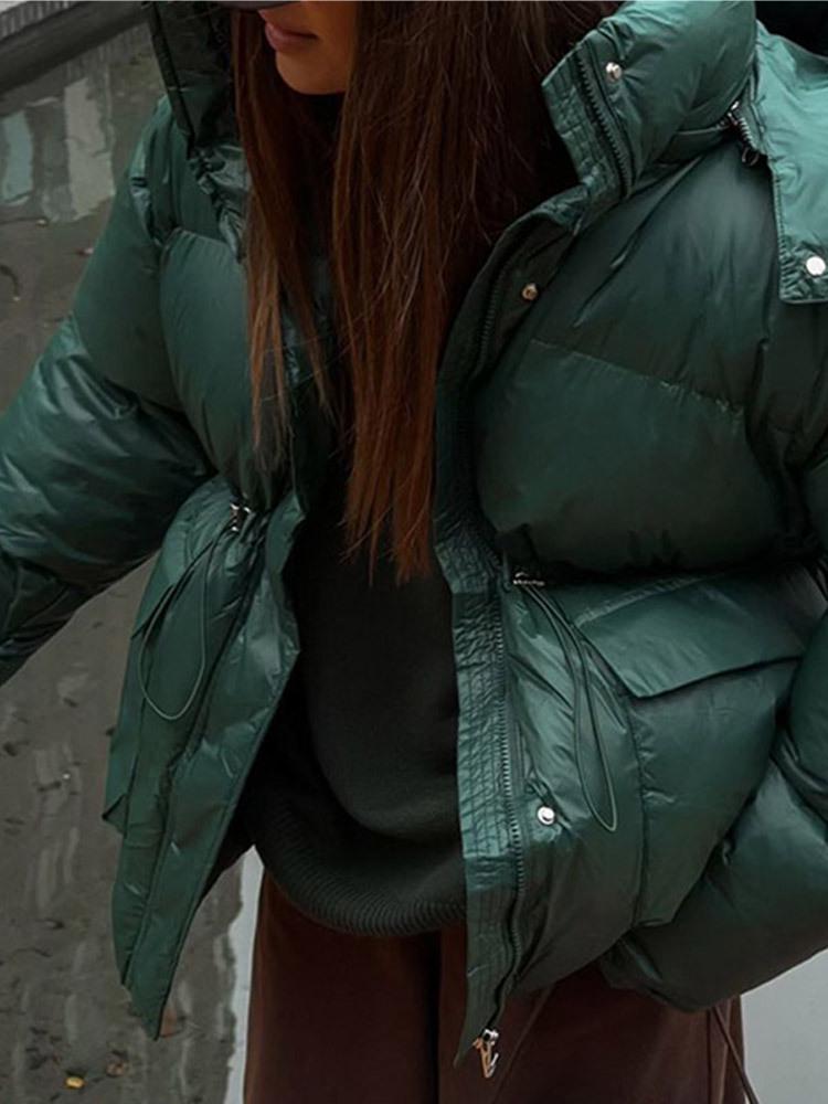 Elegant Solid Color Zipper Hooded Cotton Jacket with Long Sleeves and Pockets - Warm and Thickened for European and American Style.