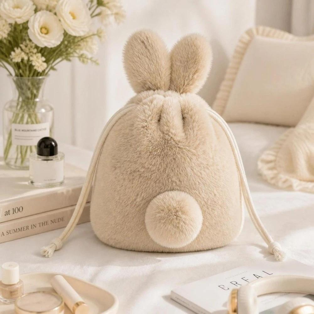 Fluffy Style Bunny Plush Pouch Large Capacity Rabbit Ear Bag Cosmetic Storage
