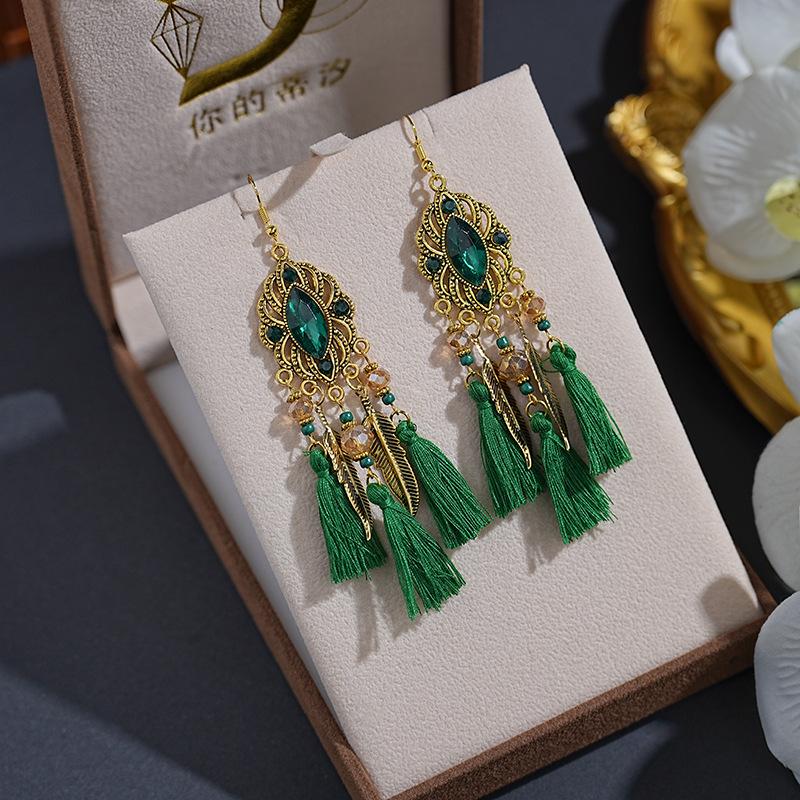 

Boho Vintage Crystal Beads Drop Dangle Earrings For Women Handmade Leaf Tassel Geometric Hollow Antique Gold Color Zircon Gift зелений