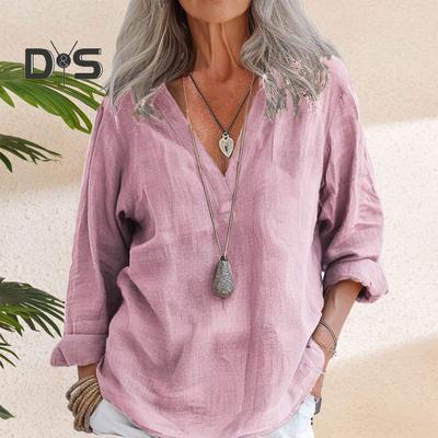 Maglietta da donna con scollo a V, manica lunga, tinta unita, vestibilità ampia, casual, da indossare ogni giorno, per lavoro, ufficio e vacanze.