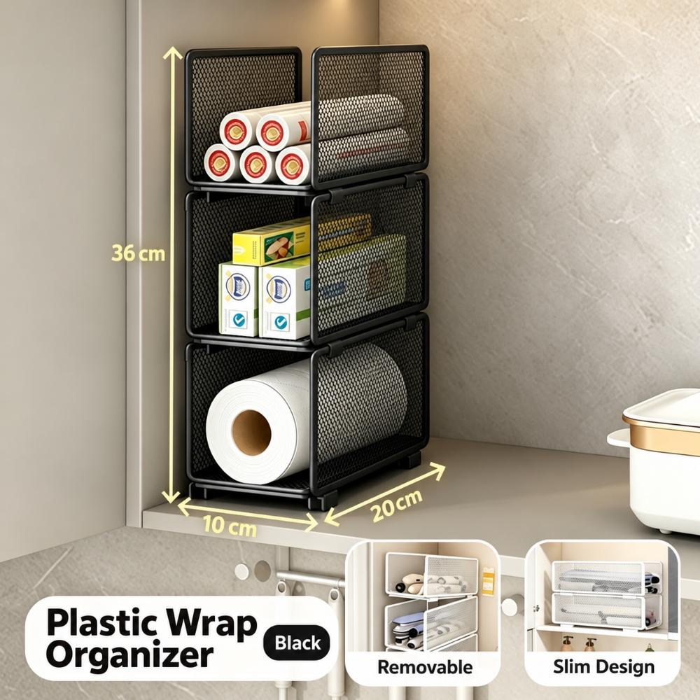 Stackable Kitchen Cabinet Organizer Rack, Iron Mesh Storage Shelf for Plastic Wrap, Paper Rolls and Boxed Supplies