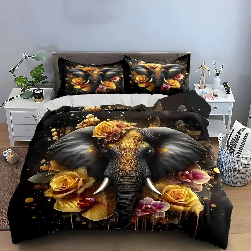 "Elephant Floral Art Decor Print 3PC" Soft Comfortable Duvet Cover Bedding Set Included 1*Duvet Cover & 2*Pillowcases Gift