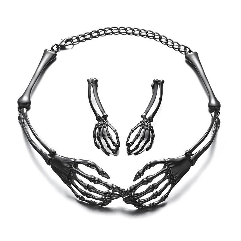 Gothic Skull Necklace Earrings Set With Alloy Pendant For Halloween Costume Accessories