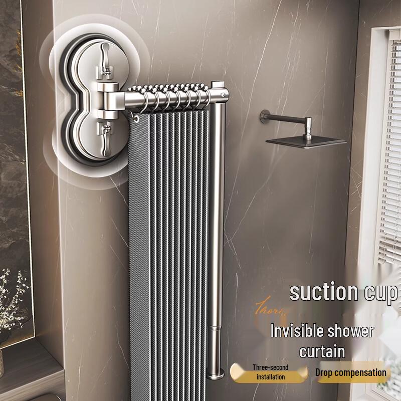 Handun Foldable No-Drill Suction Shower Curtain with Rod