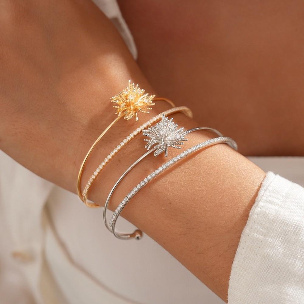 Arm Cuff Flower Wide Open Bangle Double Layer Exaggerated Bracelet Party Dress Decoration