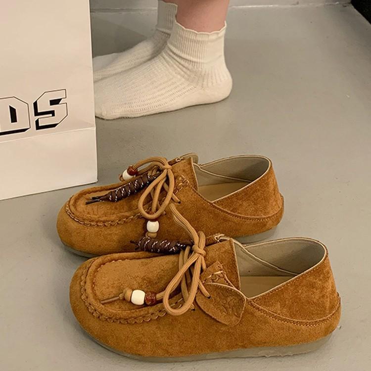 2025 autumn new flat-bottomed casual beanie shoes female kangaroo lace-up comfortable two wear suede loafers single shoes