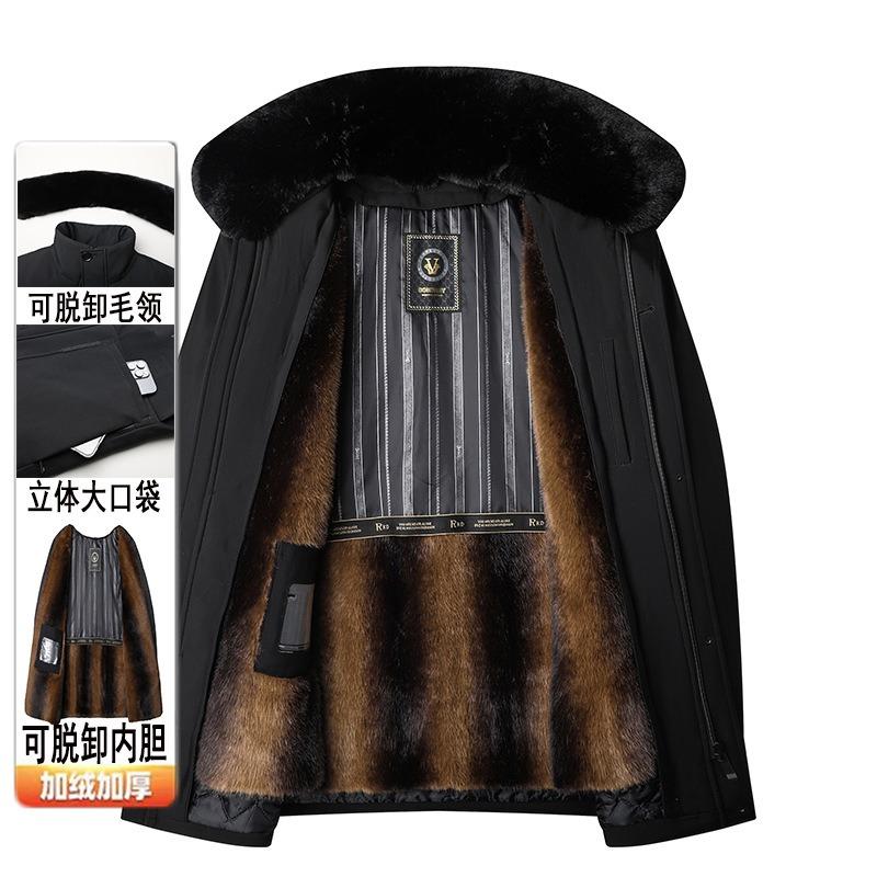 Winter Take-off Jacket Men's Medium Men's Fleece Thickened Cotton-padded Clothes Big Fur Collar Dad Medium and Long Coat