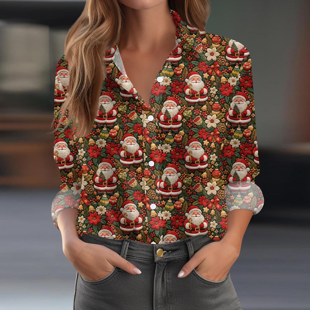 Women's Casual Christmas Print Long Sleeve Button Down Shirt with Fit