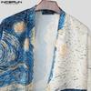 INCERUN Men Collarless 3/4 Sleeve Floral Print Open Front Casual Loose Tops Cardigan