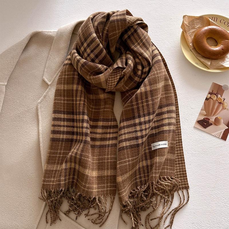 New retro plaid scarf women's autumn and winter medium and long warm scarf fashionable versatile fringed shawl