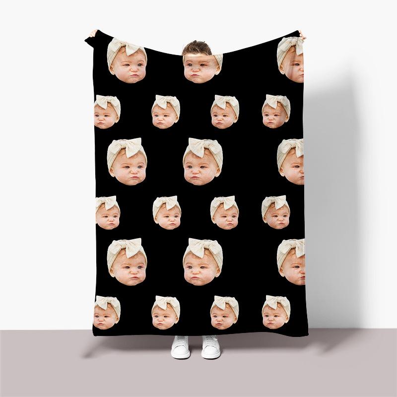 Personalisierte Flanelldecke mit schwarzem Hintergrund, Foto von einem Gesicht, Geburtstags-Erinnerungsdecke