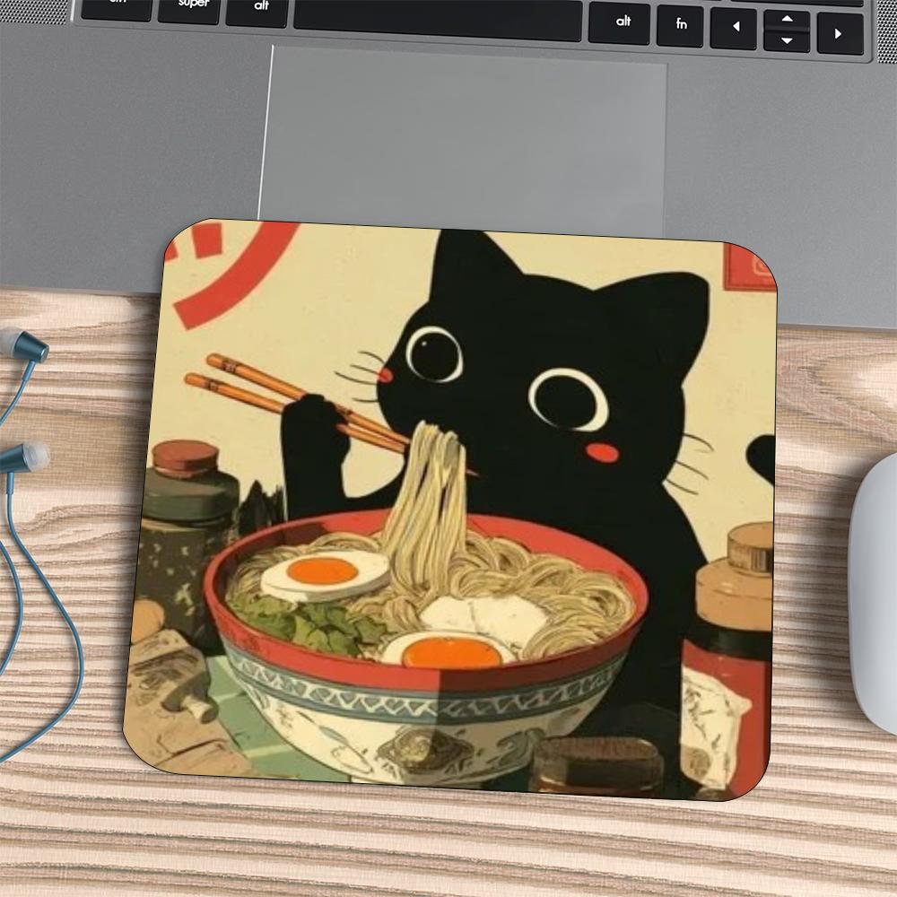 Square Mouse Pad Vintage Japanese Black Cat Ramen Print Stitched Edge Anti‑Slip Rubber Desk Mat for Gaming Working Home Office