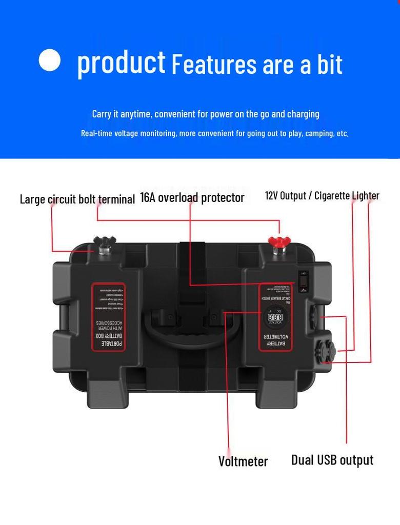12V Multi-Functional Portable Battery Box with USB Output for Outdoor Energy Storage and Emergency Power Supply